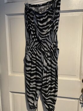 Zebra-Print Strapless Jumpsuit - Black & Grey